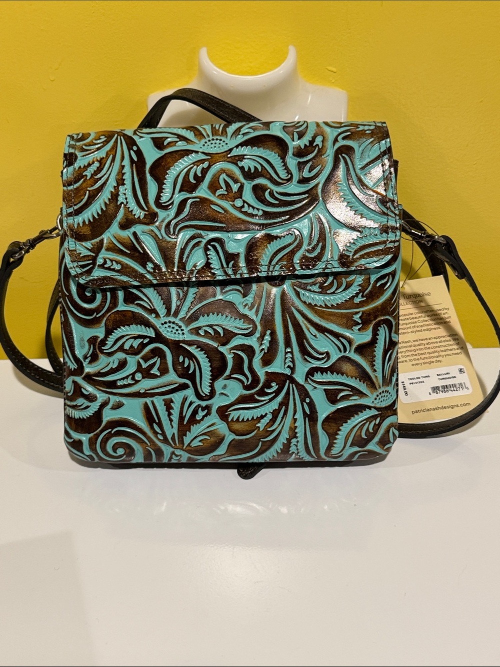Patricia Nash Turquoise and Brown Floral Tooled Leather Crossbody
